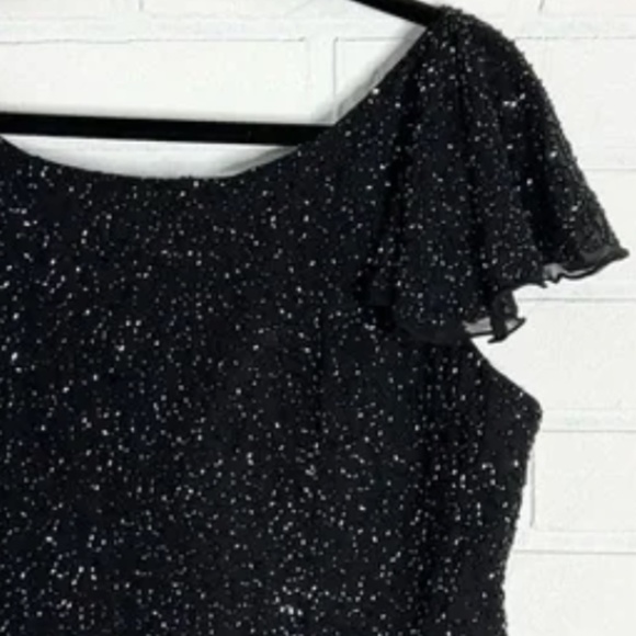 5. Vintage 90s black chiffon flutter sleeve beaded top XL - Picture 3 of 11